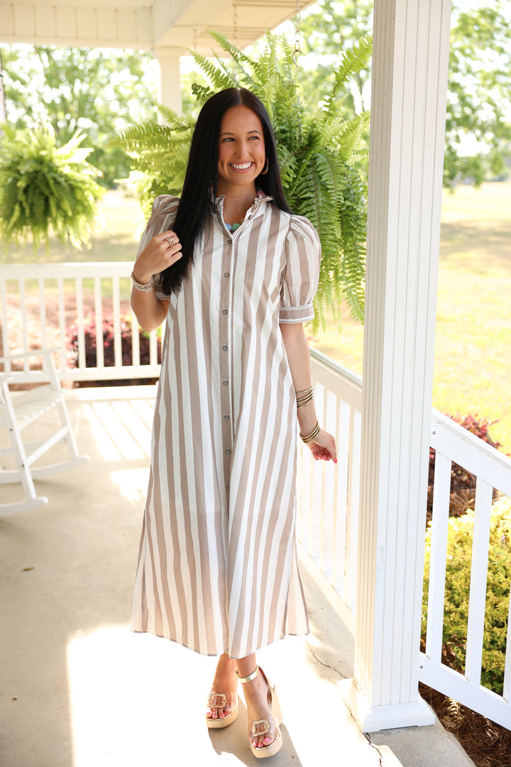 Seaside Striped Print Short Puff Sleeve Midi Dress "Taupe"