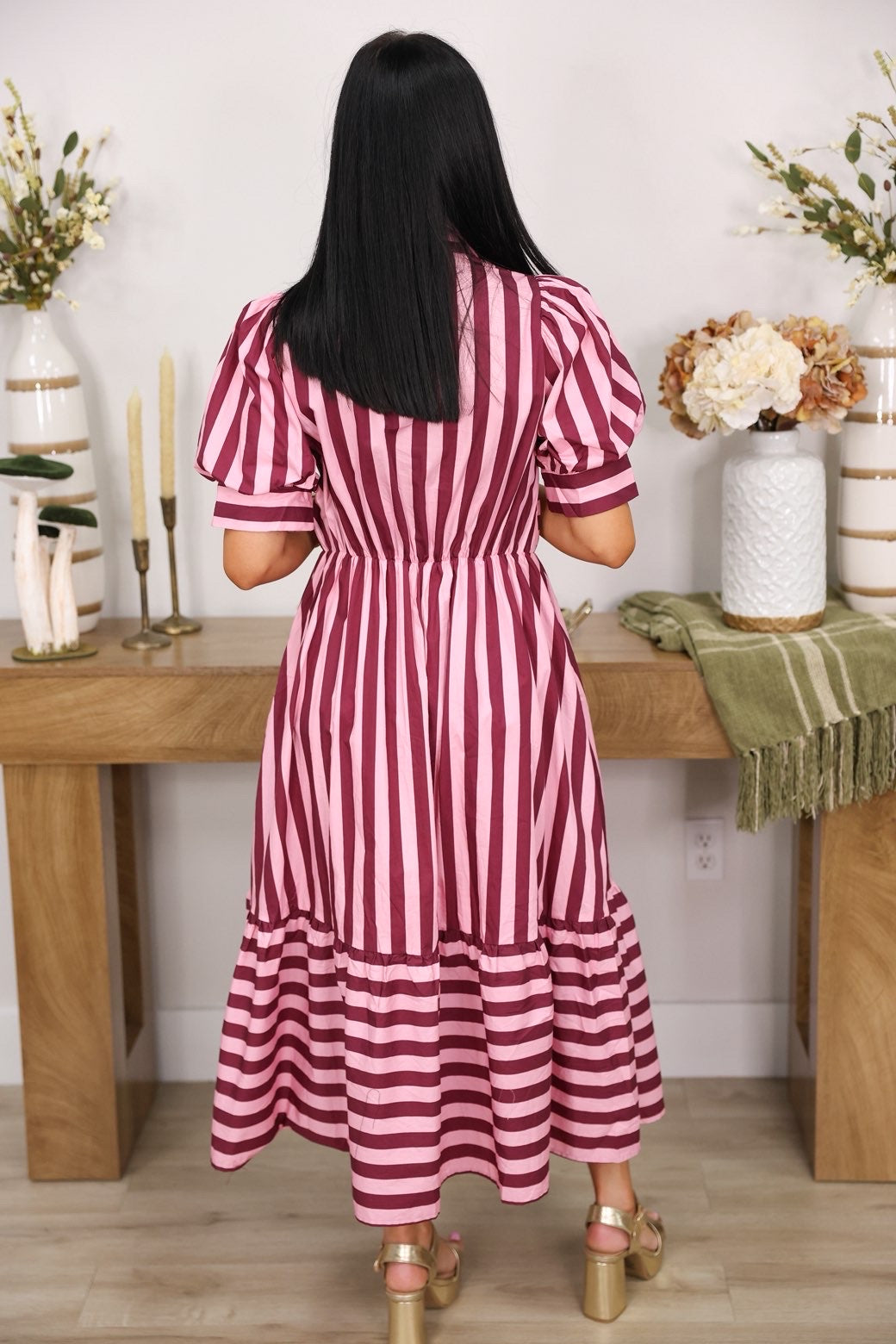 Sally Striped Collared Short Puff Sleeve Midi Dress W/ Front Tie Detail "Pink Wine"