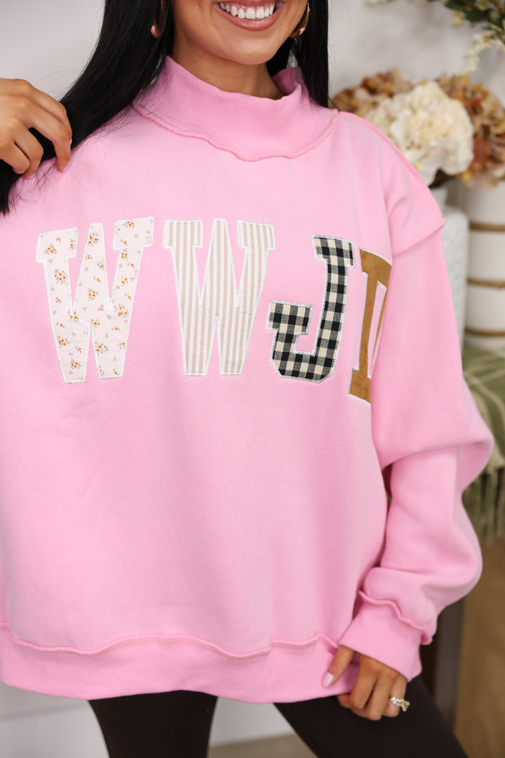WWJD Mock Neck Sweatshirt "Baby Pink"