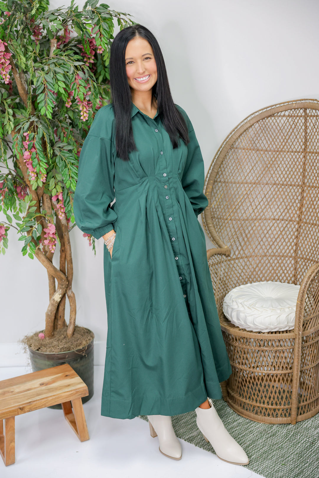 Mary Solid Long Sleeve Midi Dress "H Green"