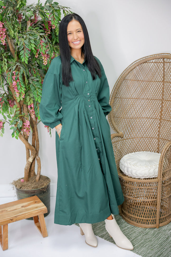 Mary Solid Long Sleeve Midi Dress "H Green"