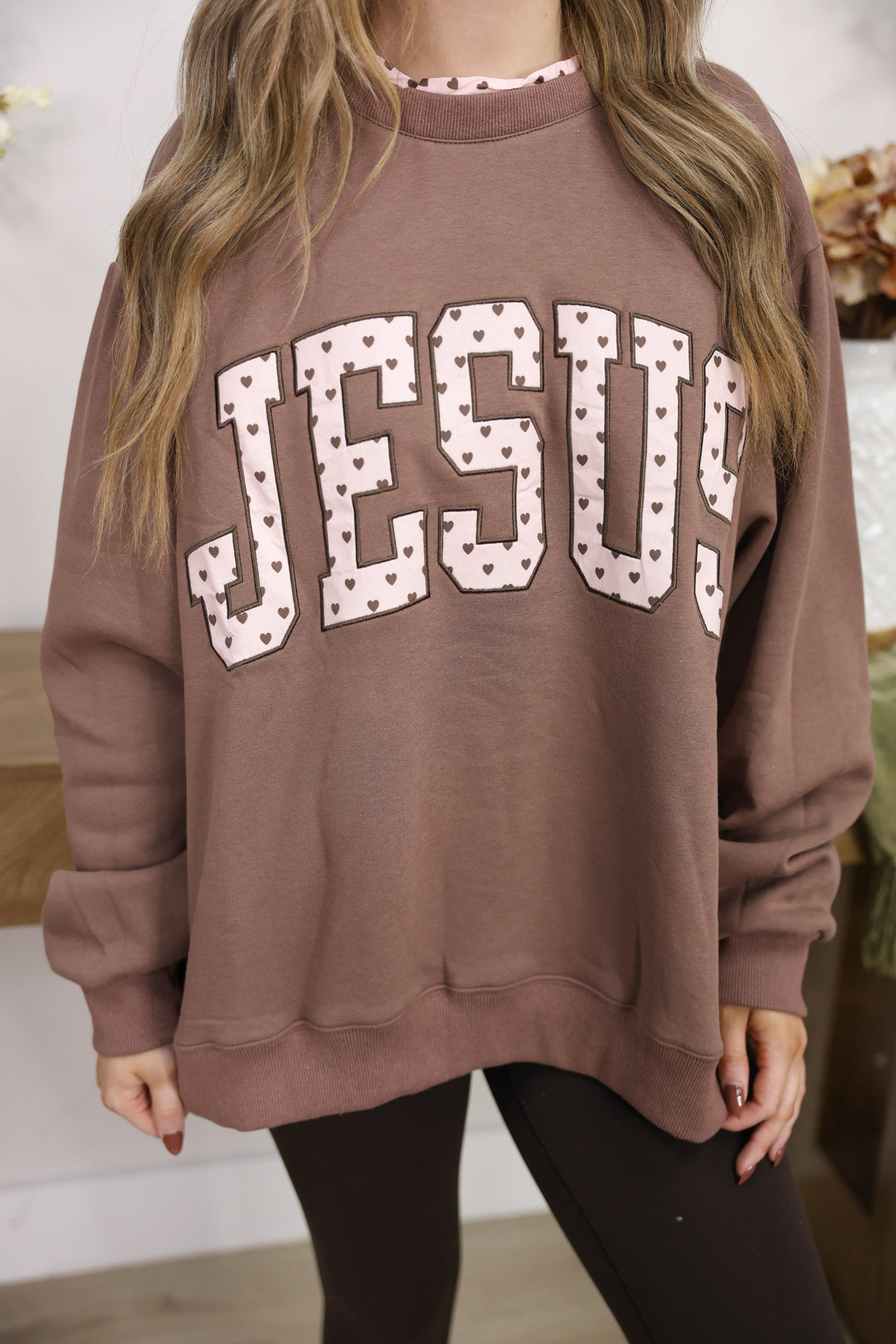 JESUS Embroidery Polka Dot Crew Neck "Brown"