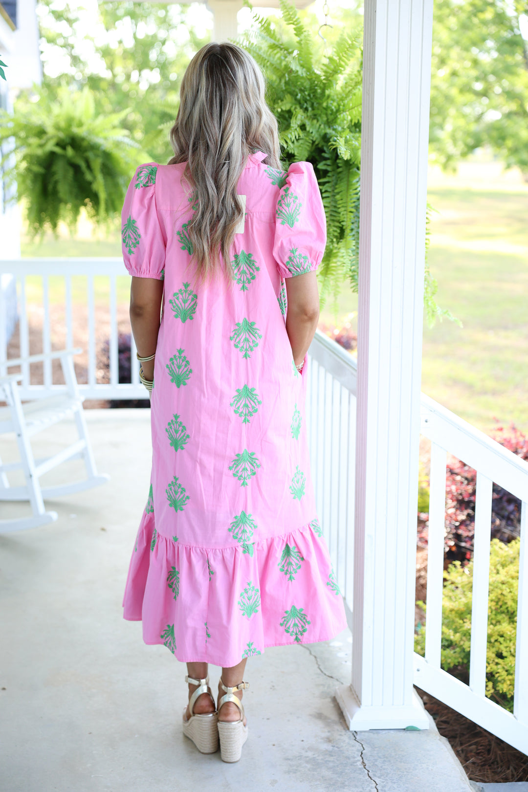 Botanical Embroidery Short Puff Sleeve Midi Dress "Pink"