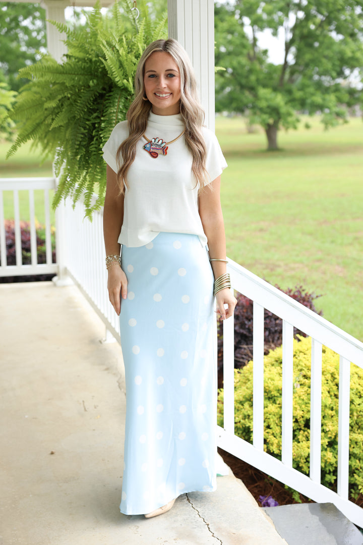 Polka Dot Satin Midi Skirt W/ Elastic Waist "Lt Blue/White"