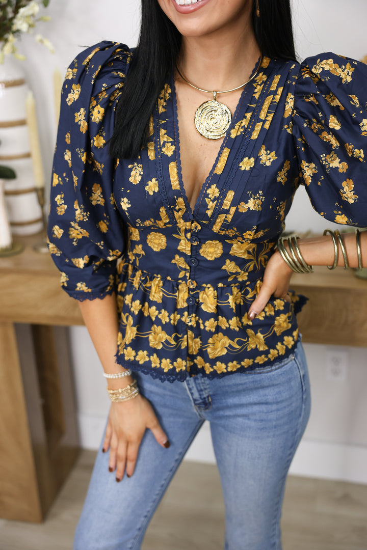 Arya Floral Puff Sleeve Blouse "Navy/Gold"