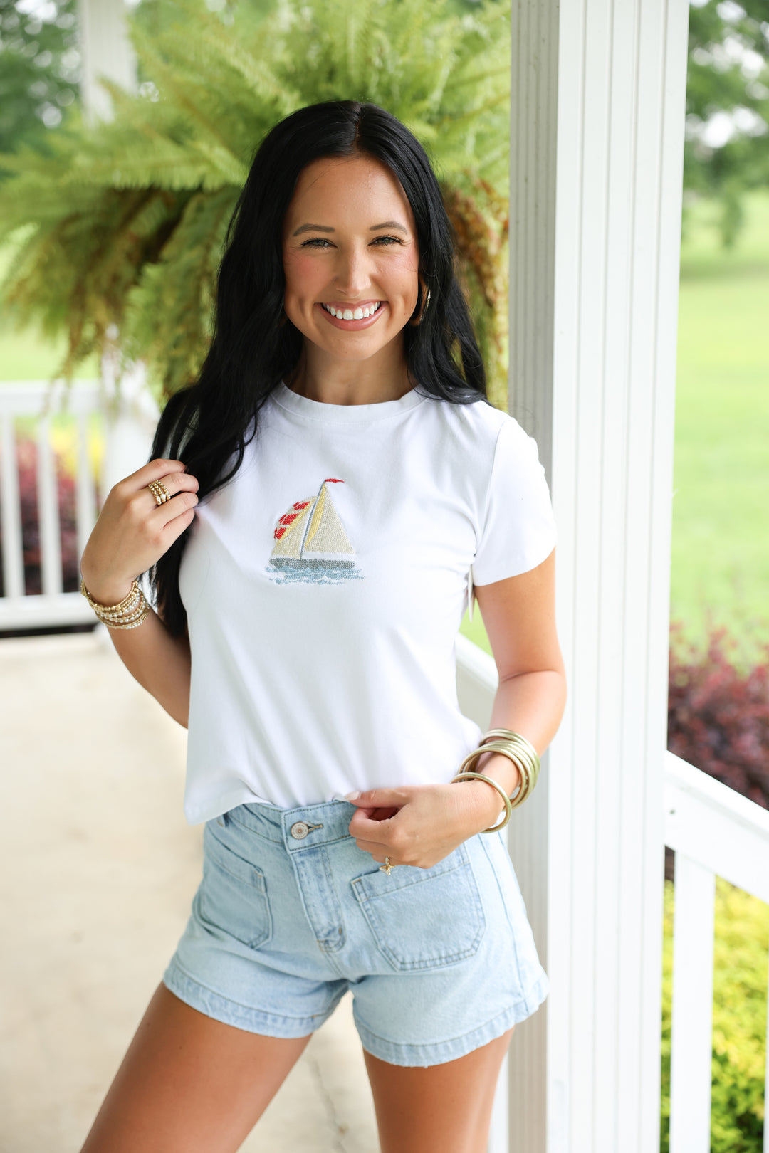 Embroidered Sailboat Graphic Tee "Off White"