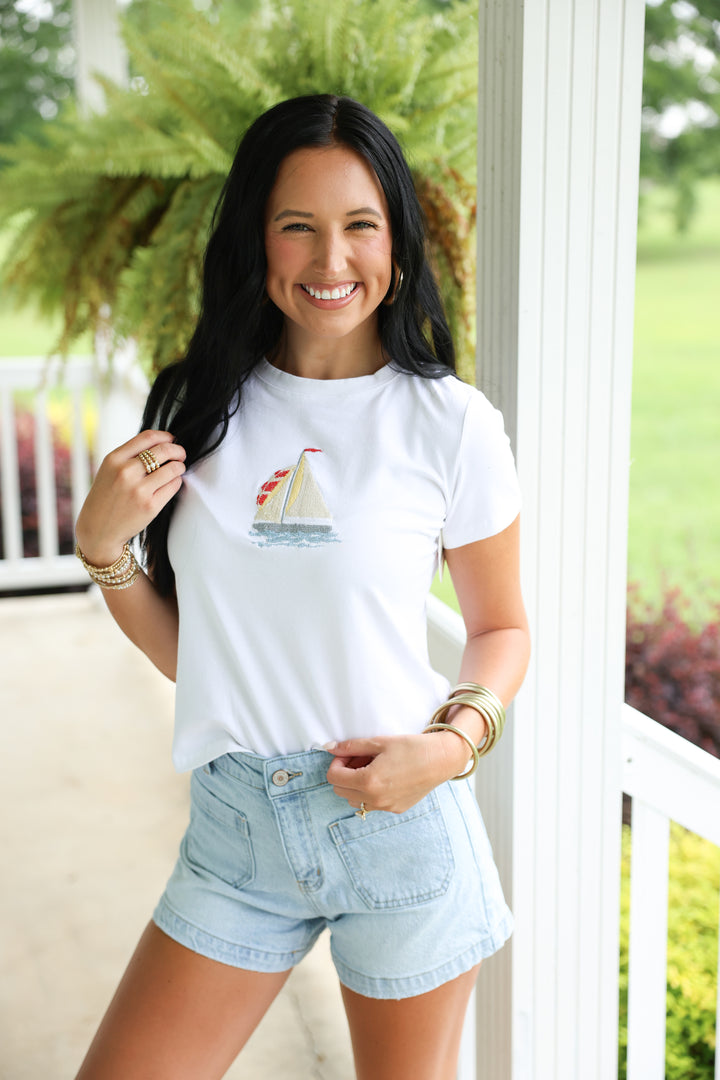 Embroidered Sailboat Graphic Tee "Off White"