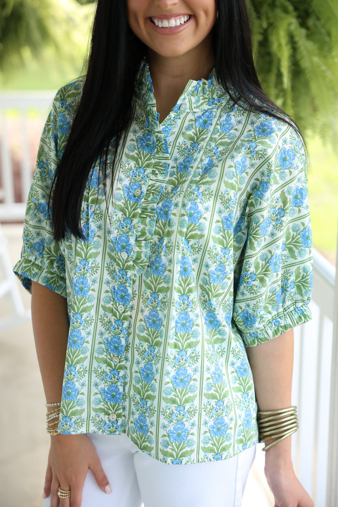 Botanical Print Short Dolman Sleeve Top "Blue"