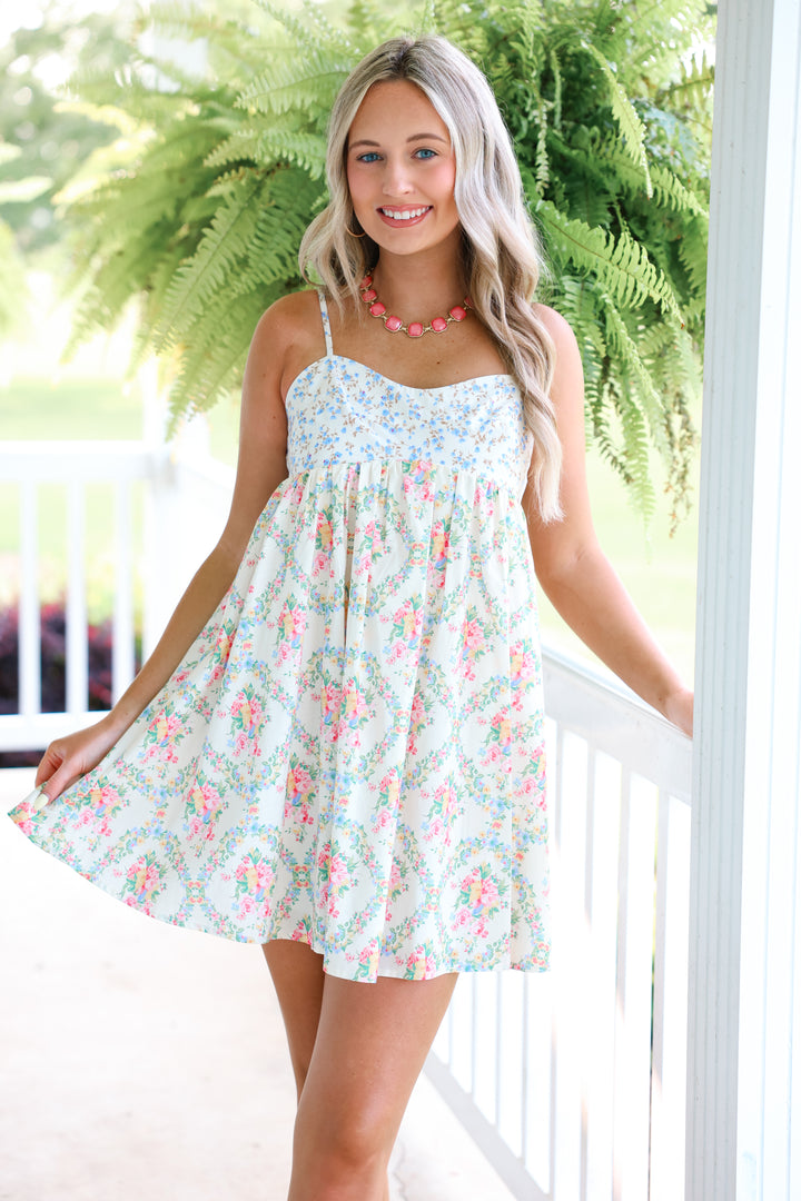 Mixed Floral Print Sleeveless Mini Dress "Cream Combo"