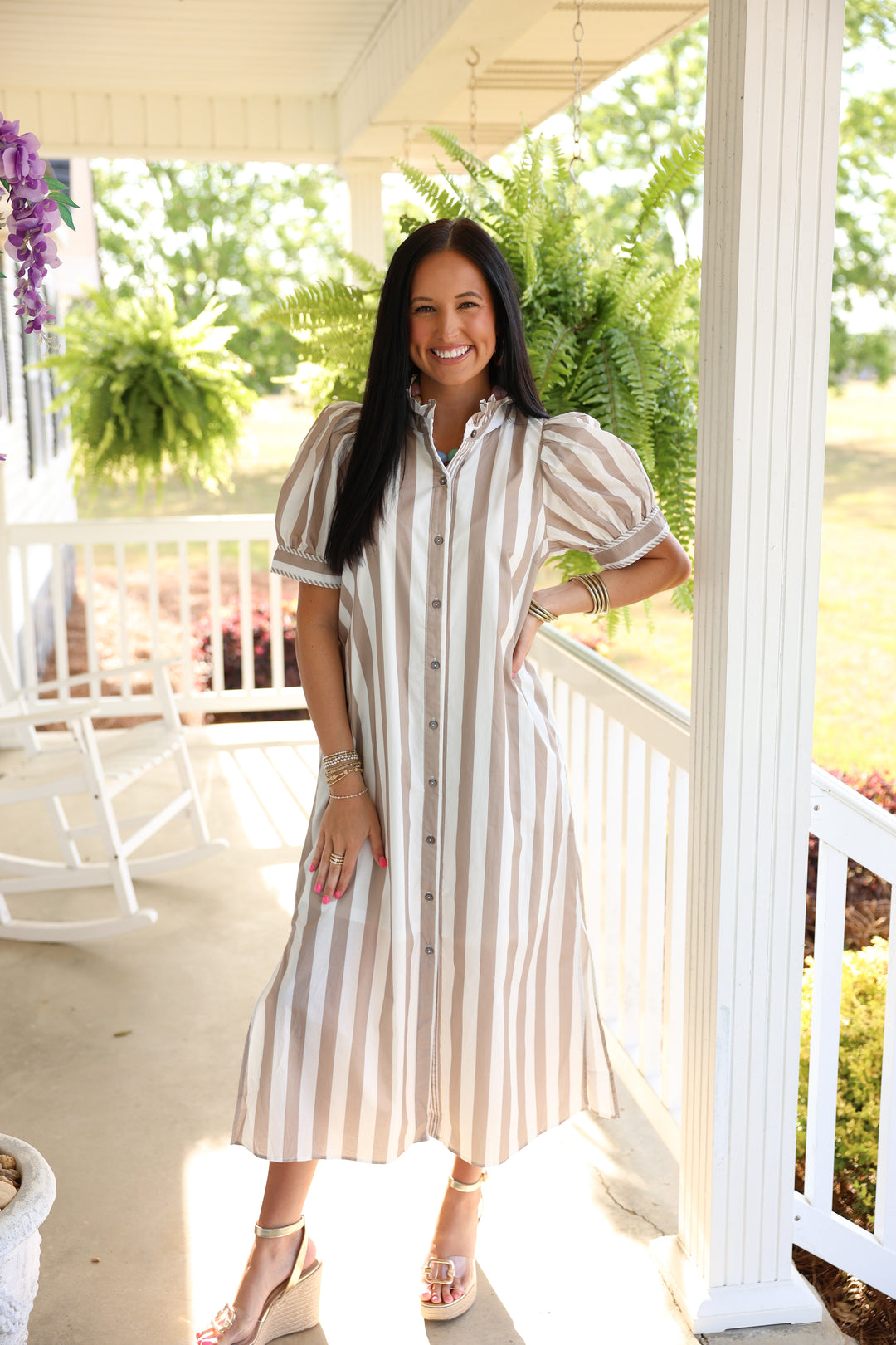 Seaside Striped Print Short Puff Sleeve Midi Dress "Taupe"