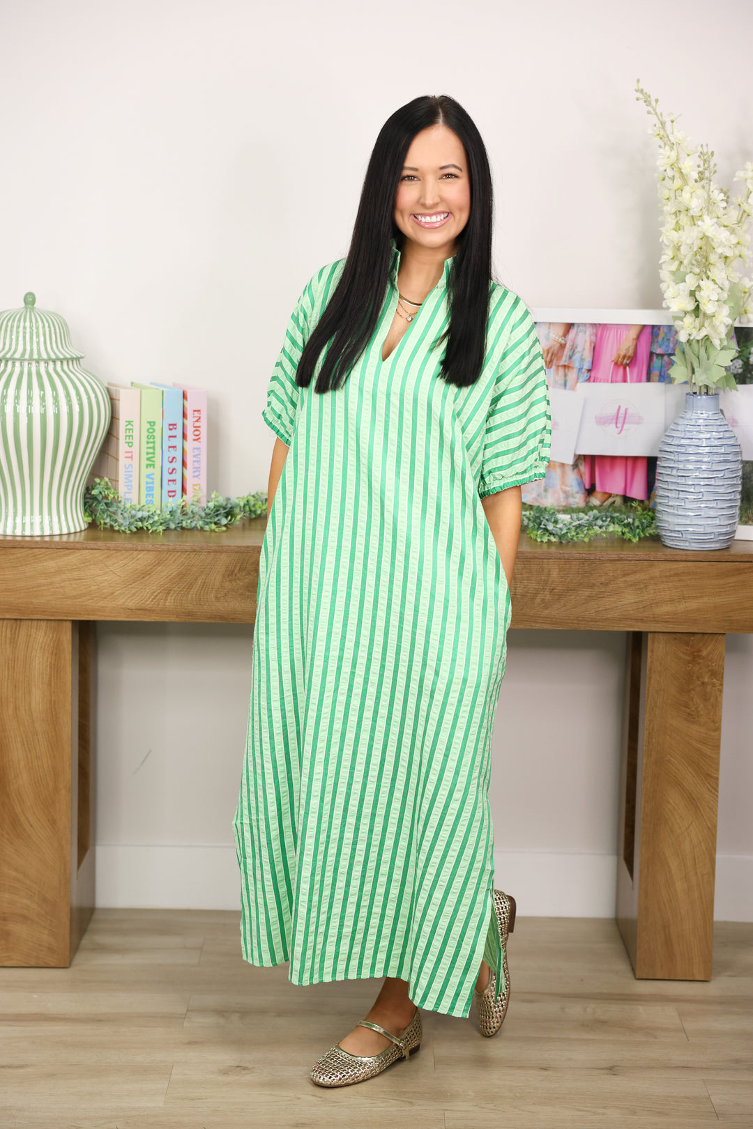 Stripe Textured Mini Dress "Green"