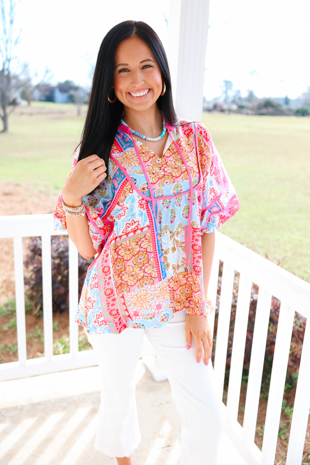 Jasmine Pink Trim Printed Top