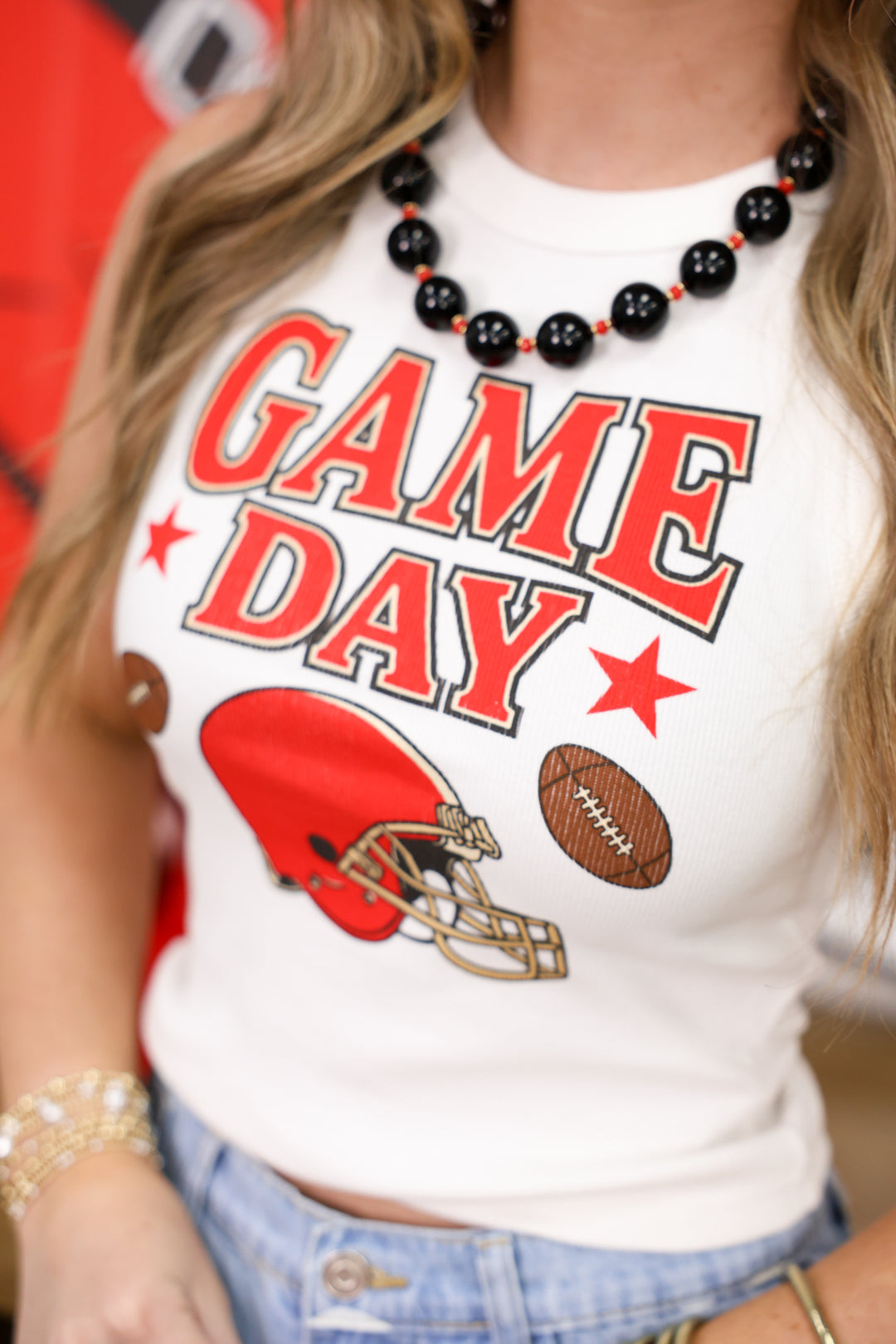 Game Day Graphic Sleeveless Round Neck Rib Tank "White"