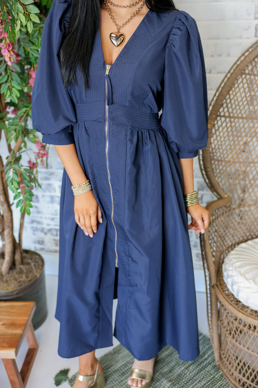 Gracious Zipper Midi Dress "Navy"