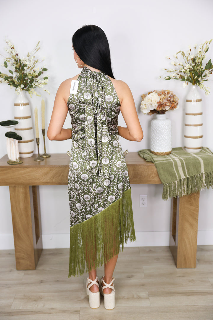 Floral Print Halter Fringe Midi Dress "Olive"