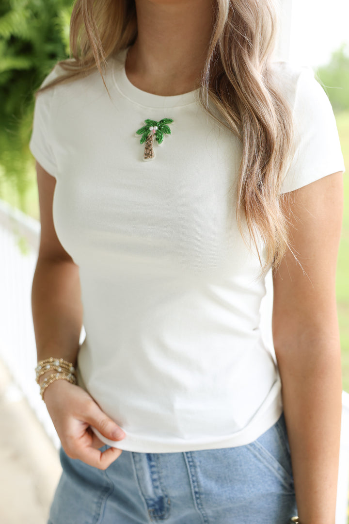 Palm Embroidery Baby Tee "Off White"