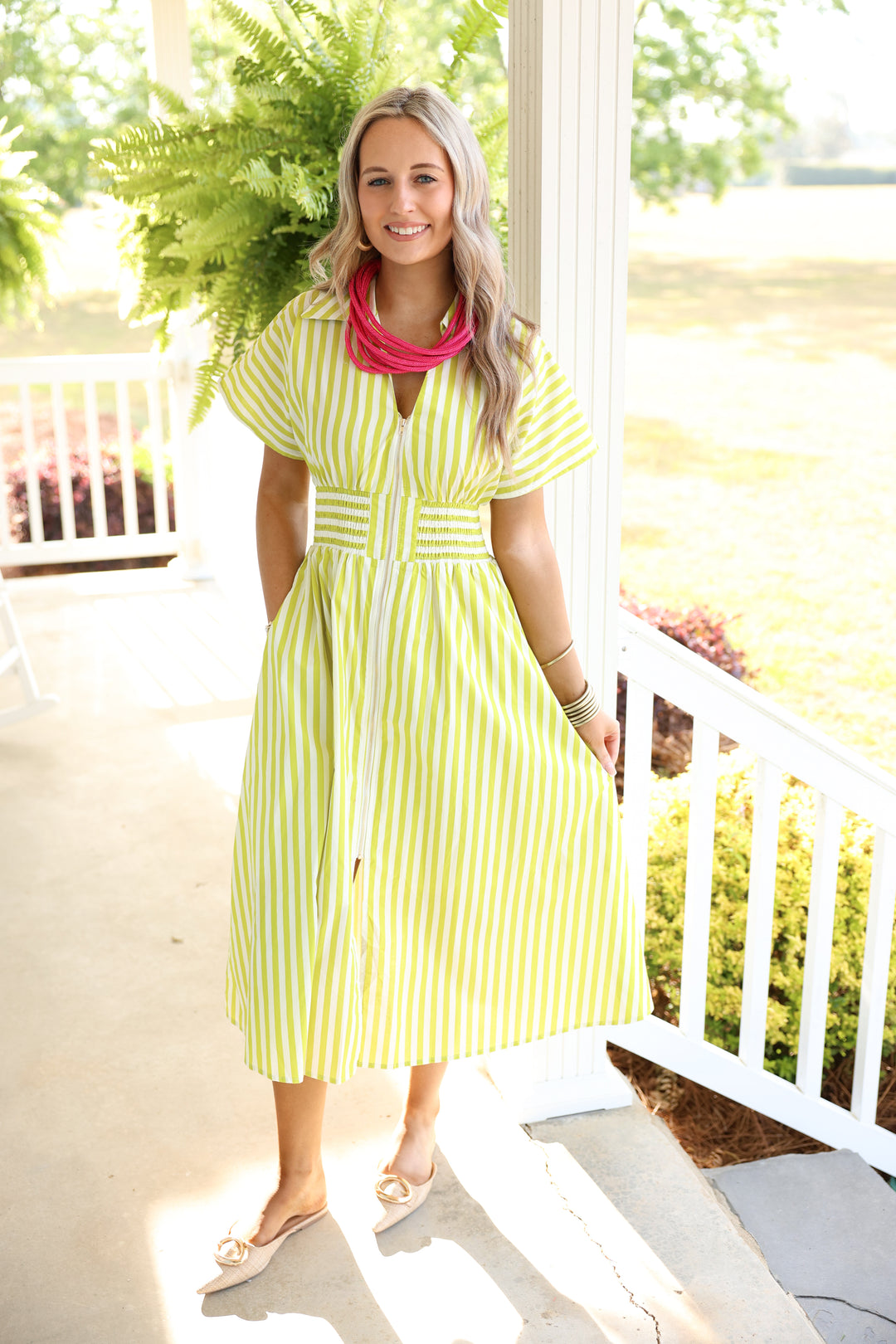 Gracious Stripes Zipper Midi Dress "Lime"