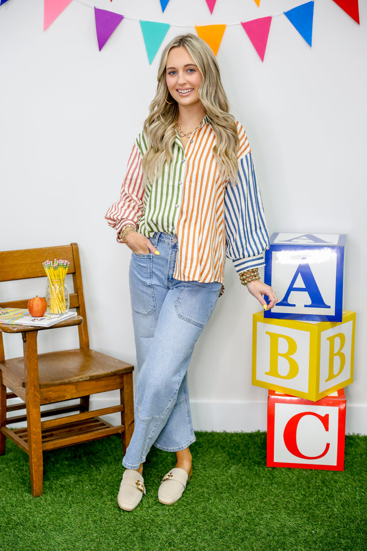 Fall Striped Blouse "Olive Combo"