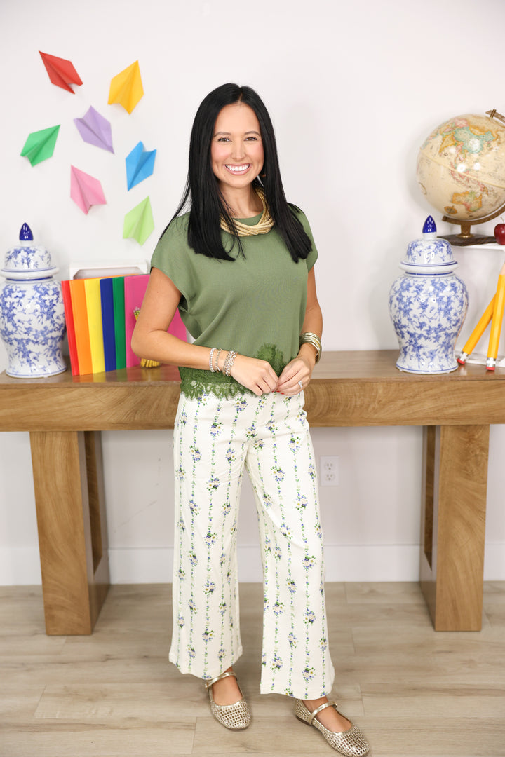 Floral Print Wide Leg Pants "Cream"