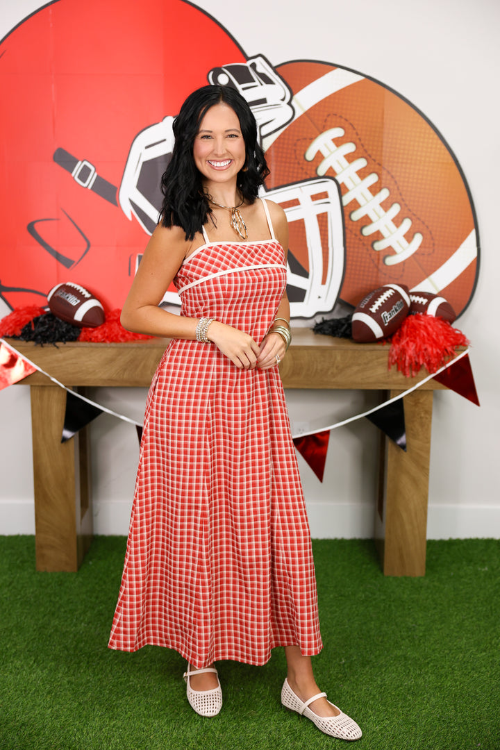 Gingham Spaghetti Strap Midi Dess "Red"