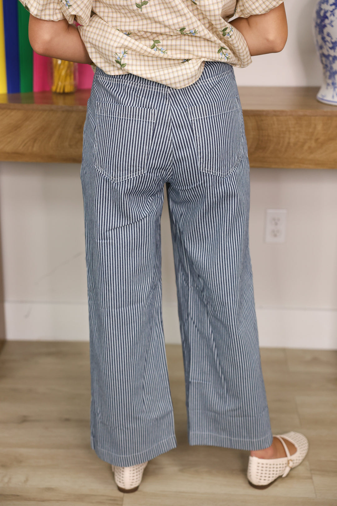 Striped Wide Leg Cropped Pants W/ Front Patch Pockets "Navy"