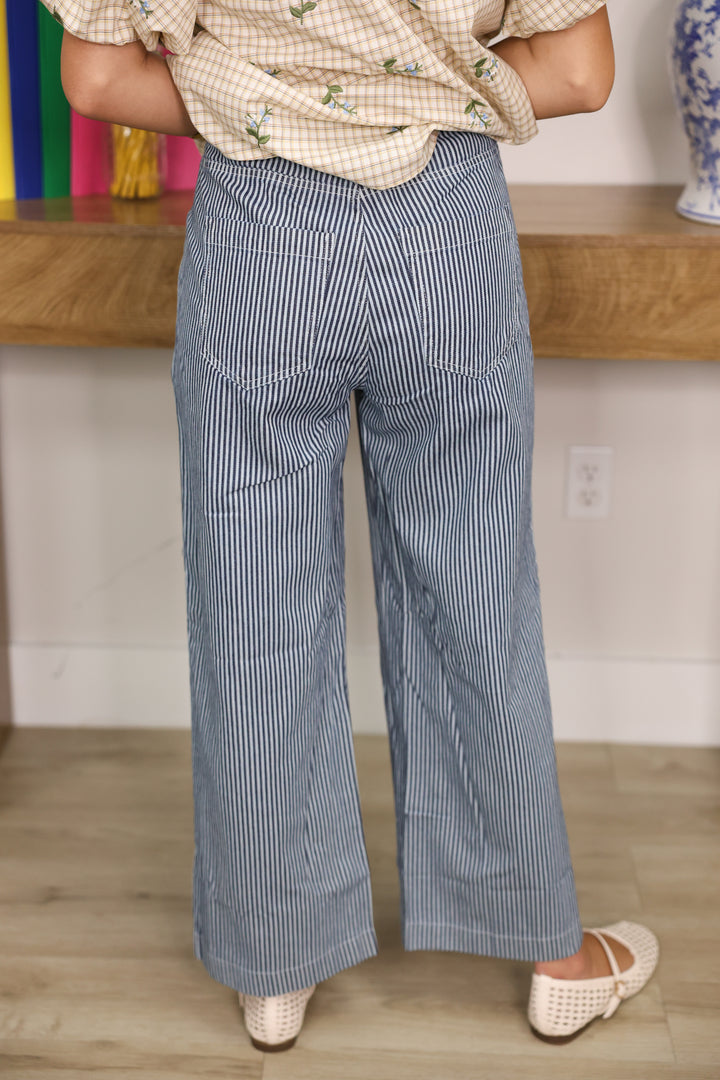 Striped Wide Leg Cropped Pants W/ Front Patch Pockets "Navy"