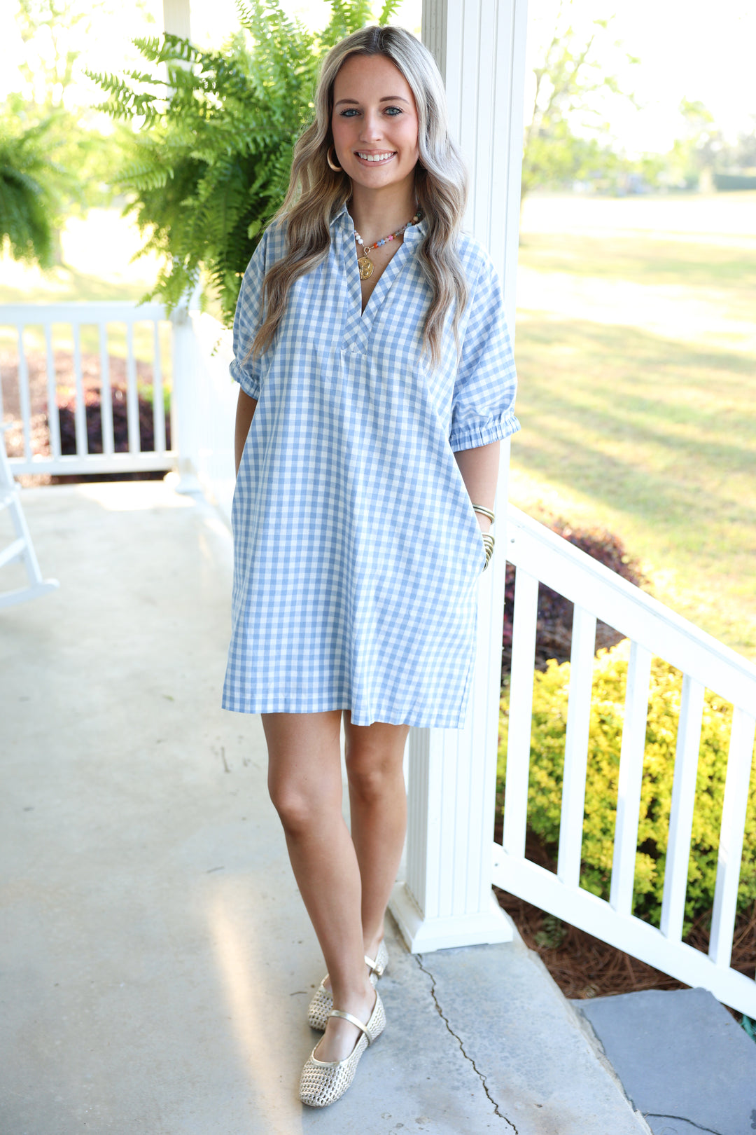 Southern Gingham Print Dress Blue Large
