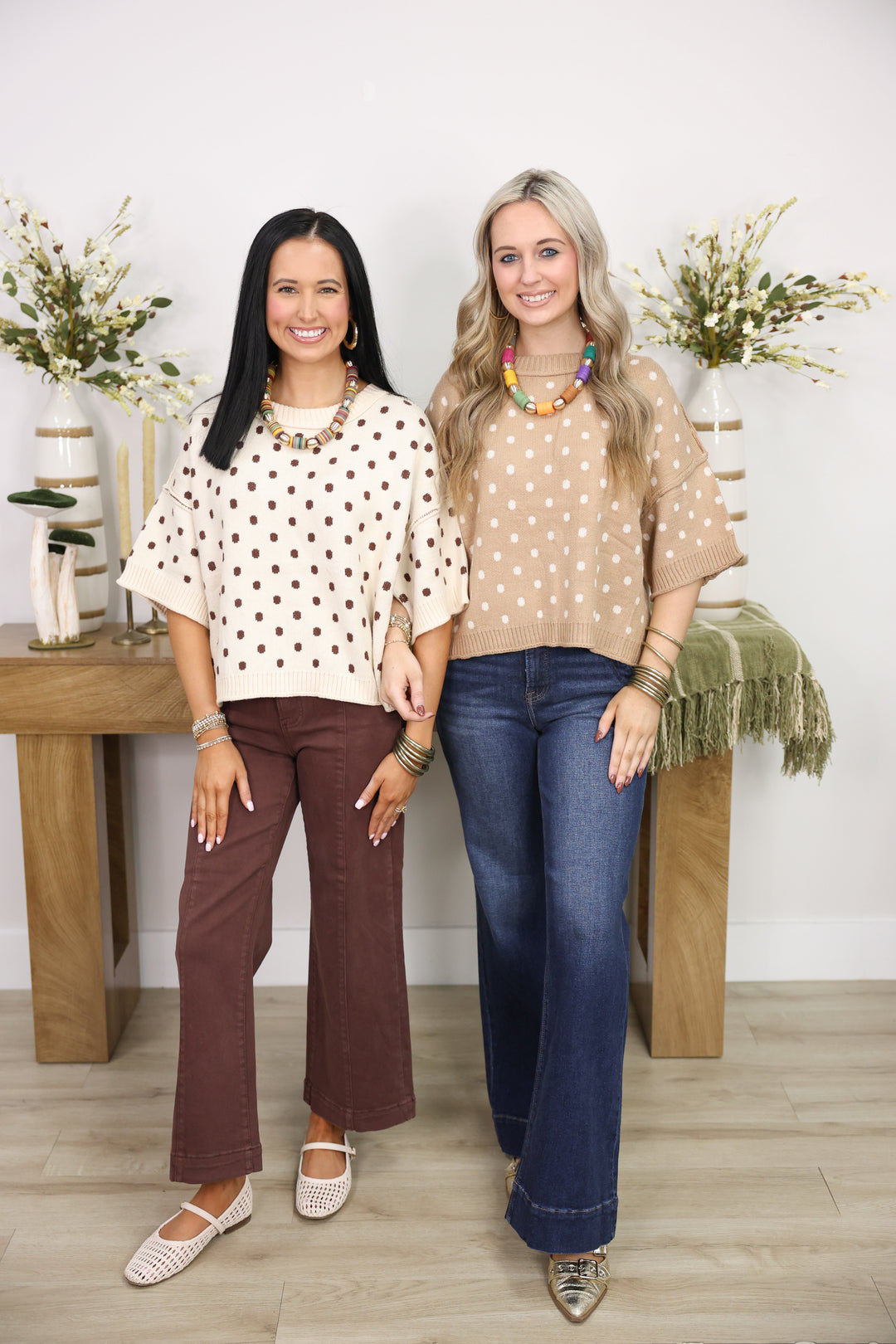 Polka Dot Round Neck Short Sleeve Sweater Top "Ecru"