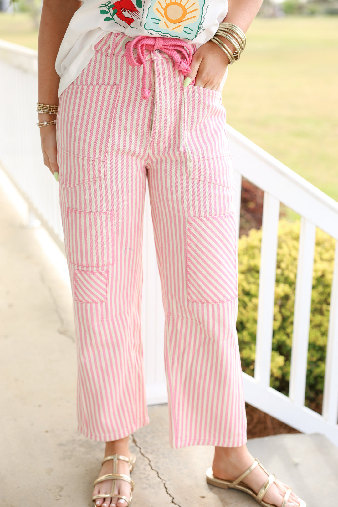 Cotton Braid Drawstring Waist Stripe Barrel Pants "Pink"