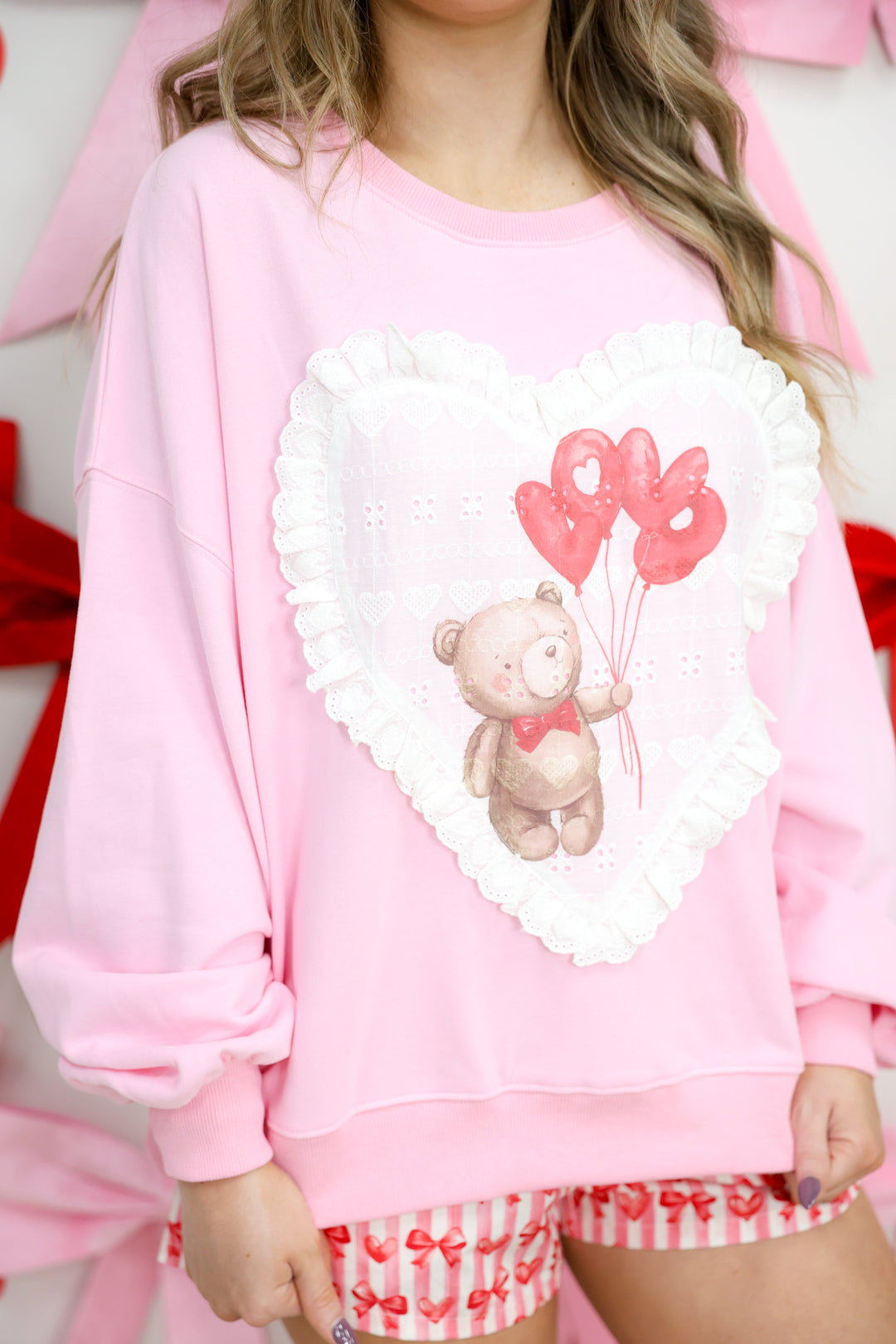 Valentine Bear Printed Eyelet Heart Shape Patch Detail Sweatshirt