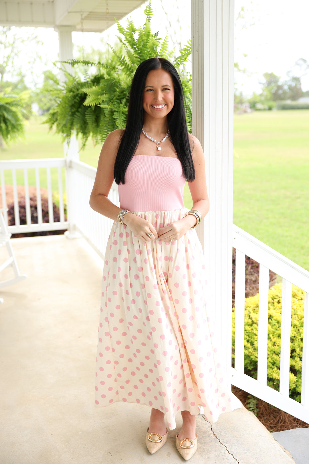 Strapless Knit & Woven Polka Dot Print Tube Midi Dress "Pink"