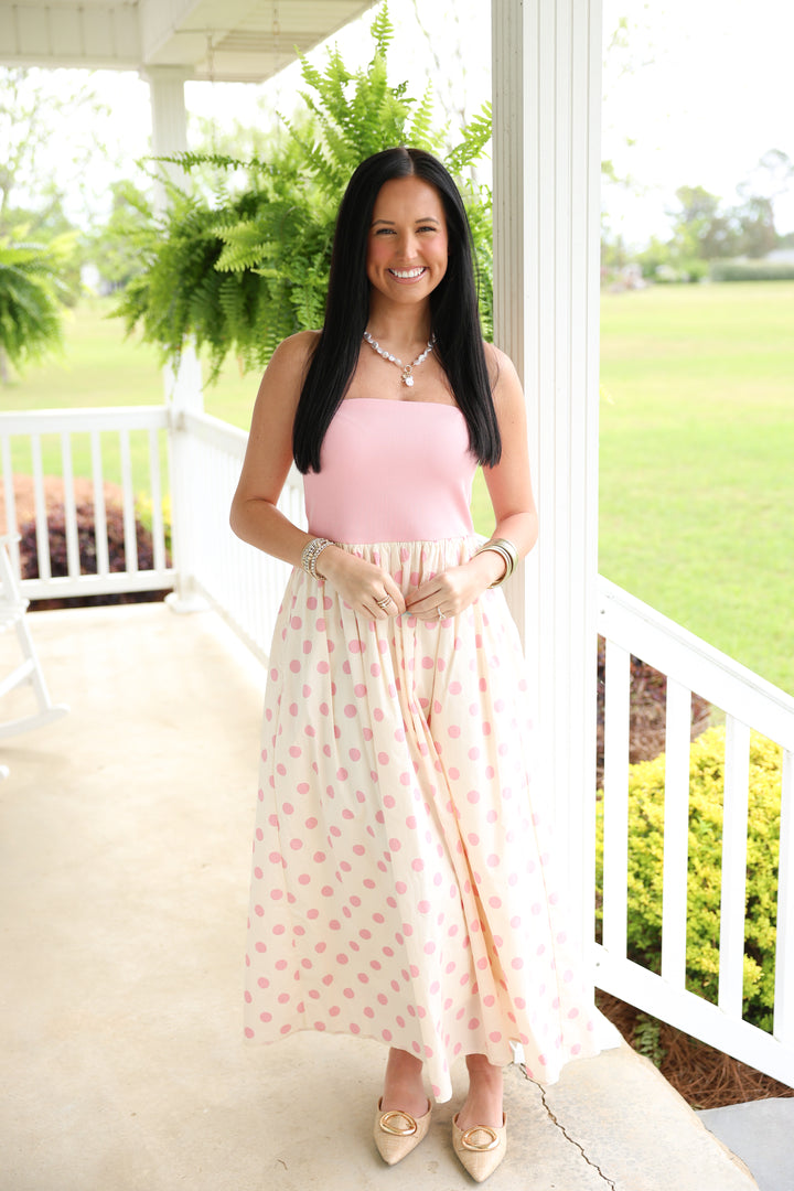 Strapless Knit & Woven Polka Dot Print Tube Midi Dress "Pink"