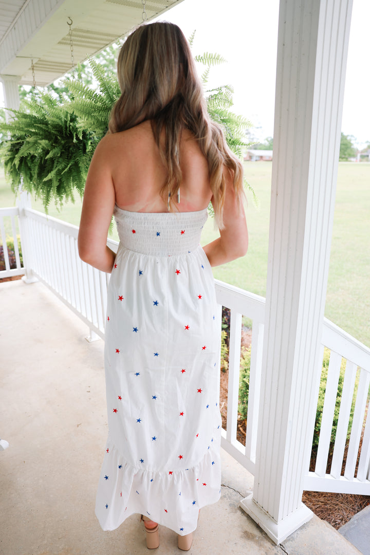 Star Embroidered Halter Midi Dress