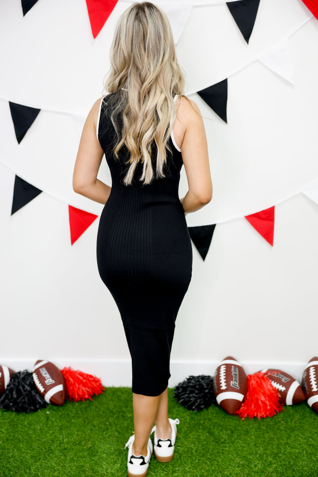 Sleeveless Ribbed Sweater Fitted Mock Neck Dress "Black/Off White"