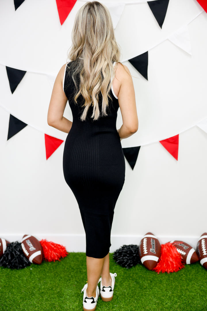 Sleeveless Ribbed Sweater Fitted Mock Neck Dress "Black/Off White"