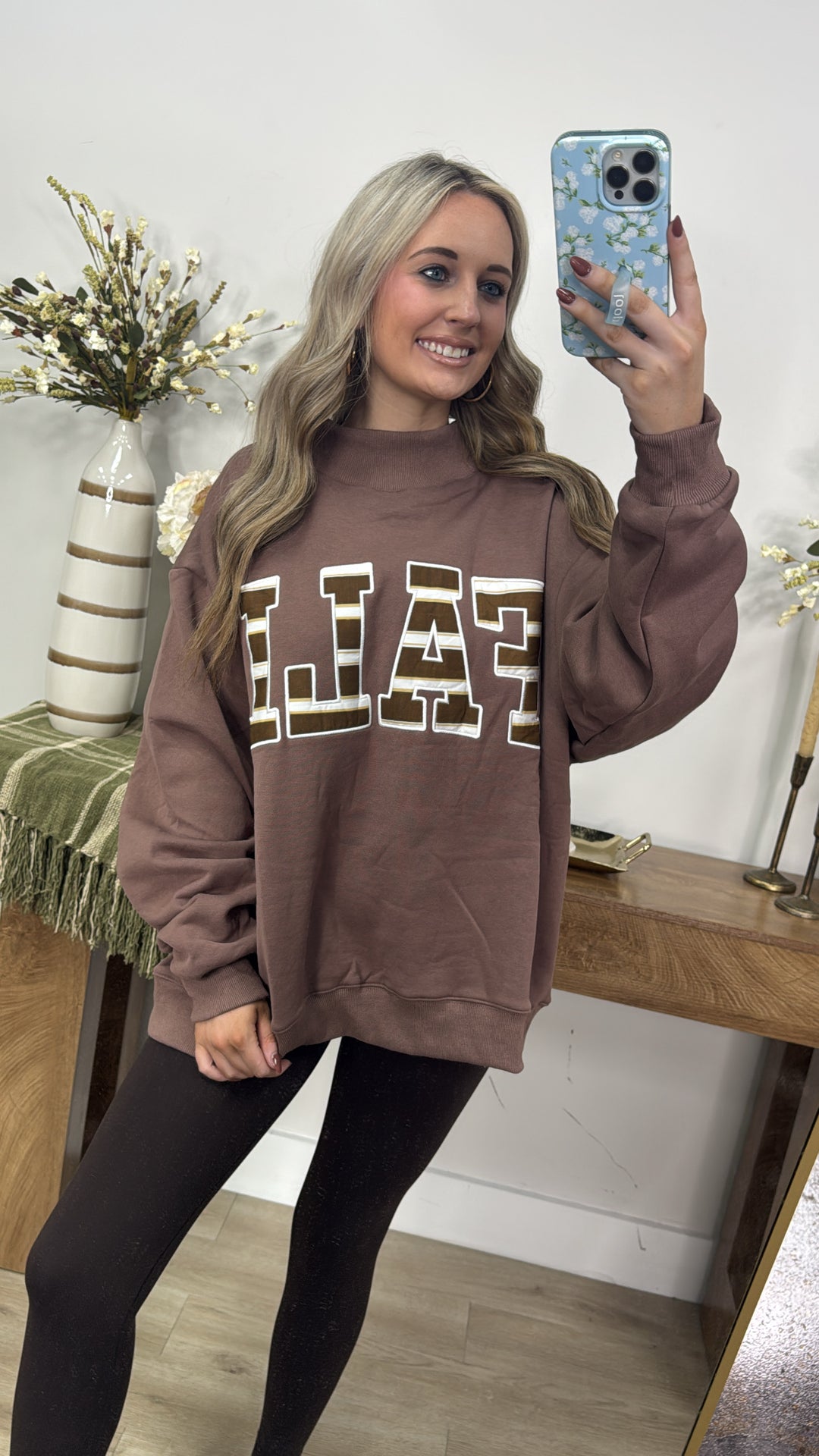 'FALL' Patterned Applique Embroidered Mock Neck Sweatshirt "Brown"