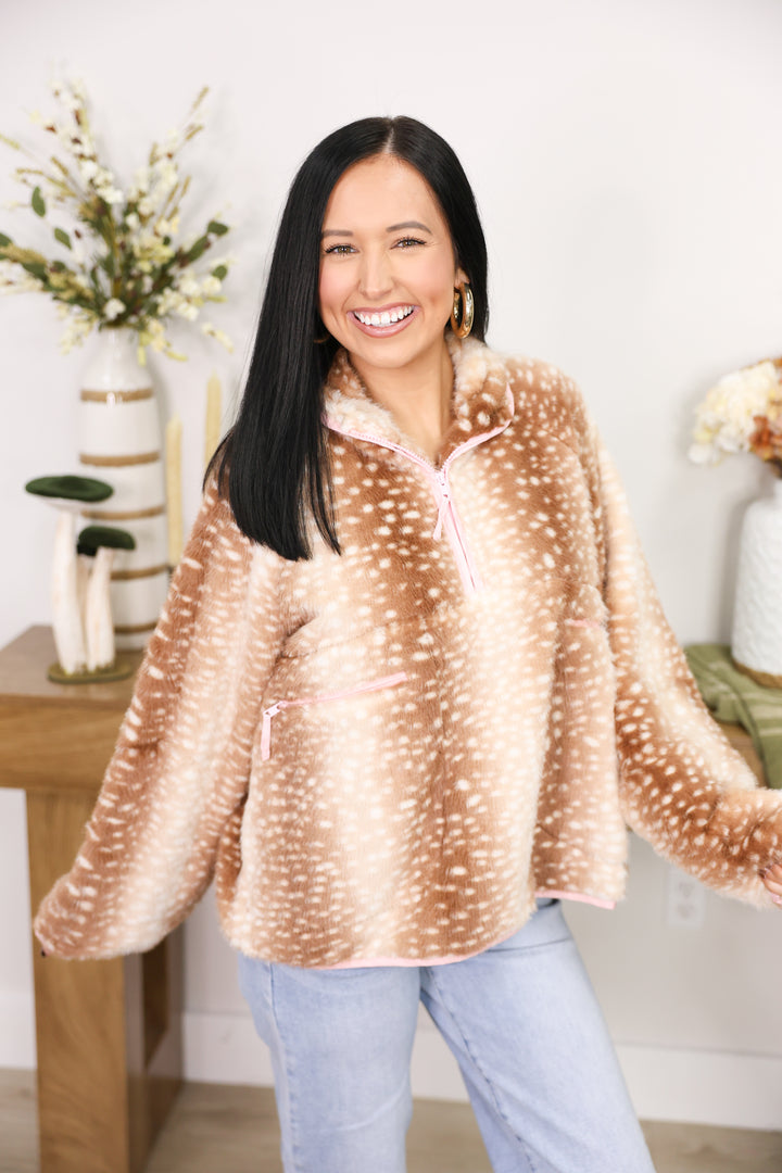 Deer Print Faux Fur Half Zip Jacket "Mocha"