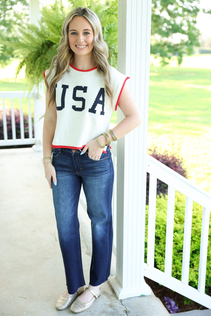 USA Graphic Cap Sleeve Top "Off White"