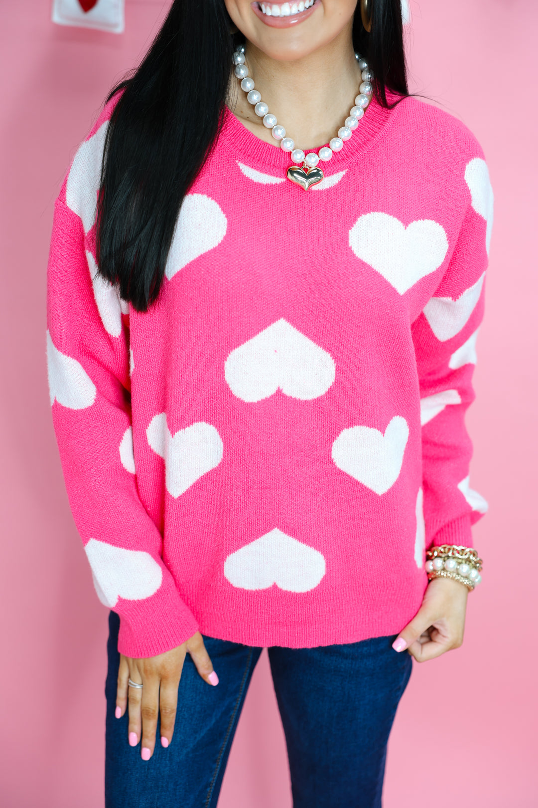 Heart Print Sweater "Pink/White"