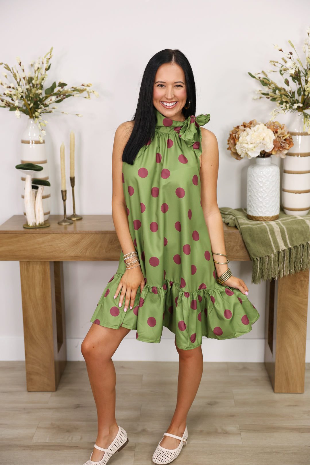 Tie Neck Sleeveless Polka Dot Mini Dress "Olive"