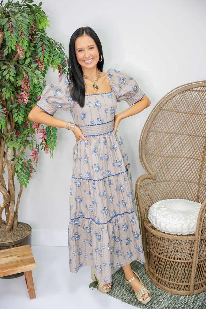 Floral Wavy Trim Detail Maxi Dress