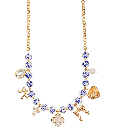 Clover & Ceramic Necklace "Blue/Gold"