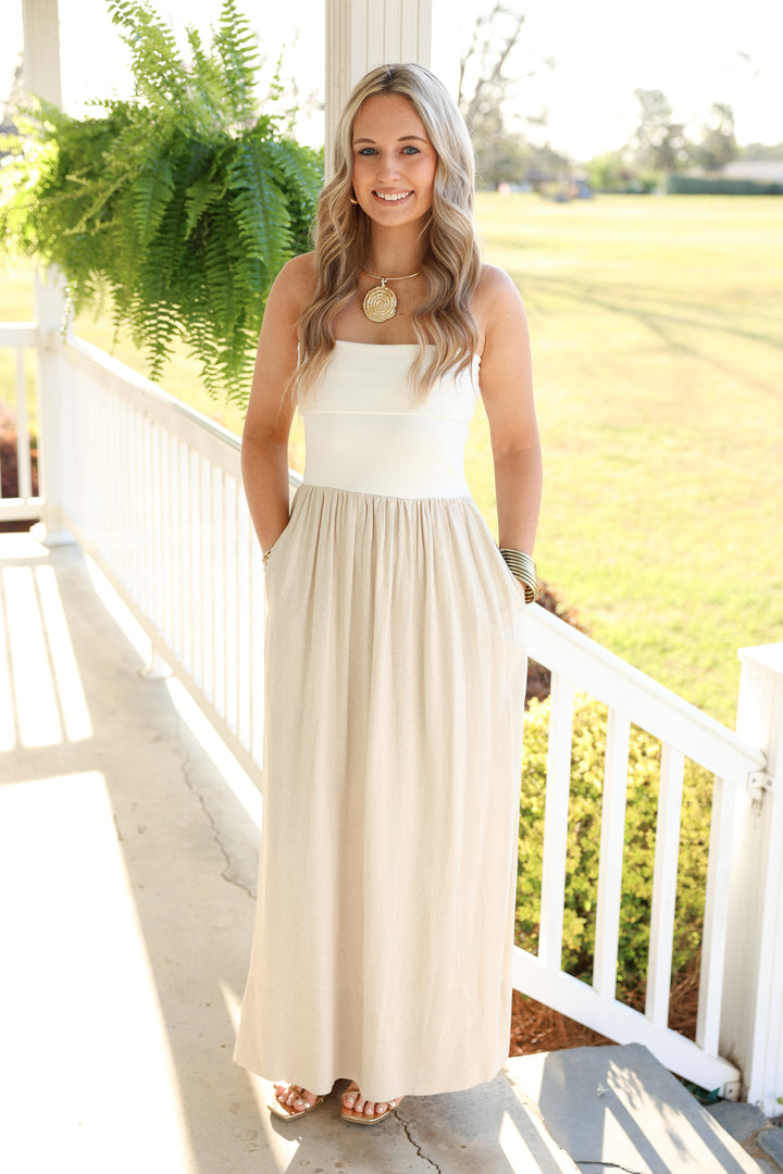 Linen Ribbed Knitted Top Combo Dress "White/Oatmeal"