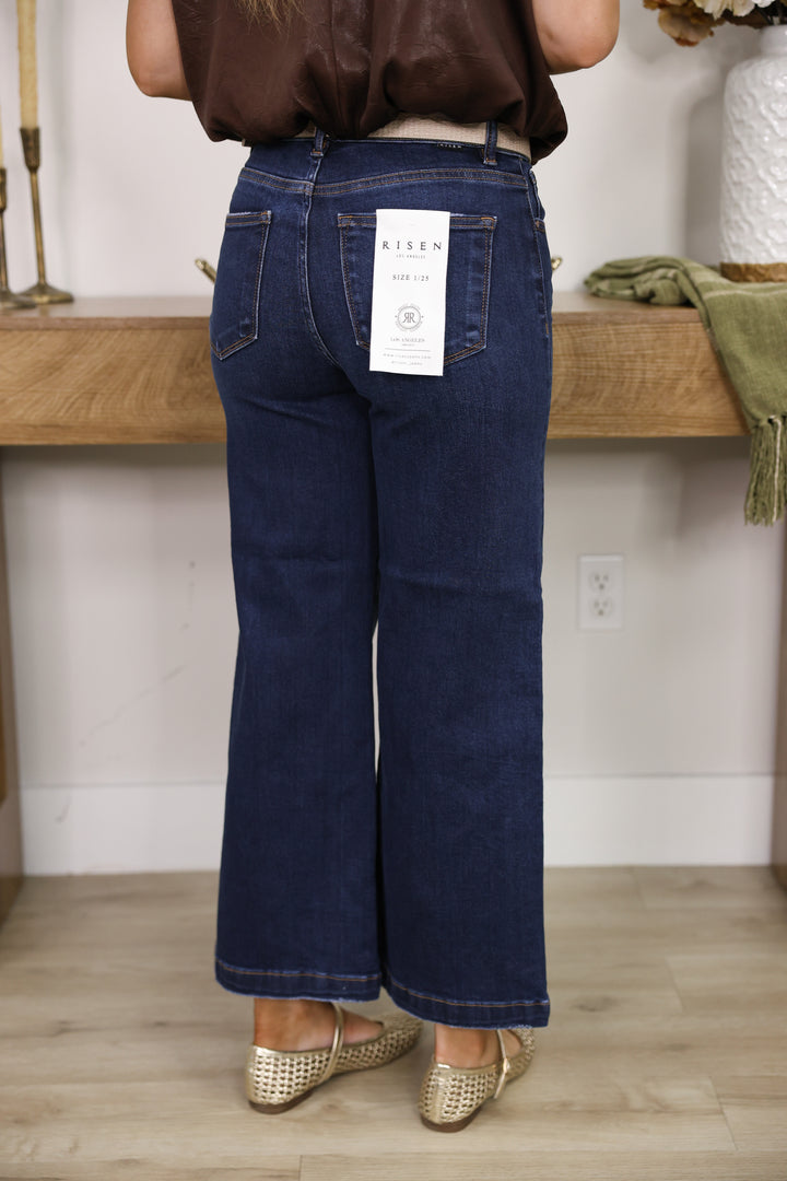 Risen - High Rise Crop Wide Leg Jeans "Dark"