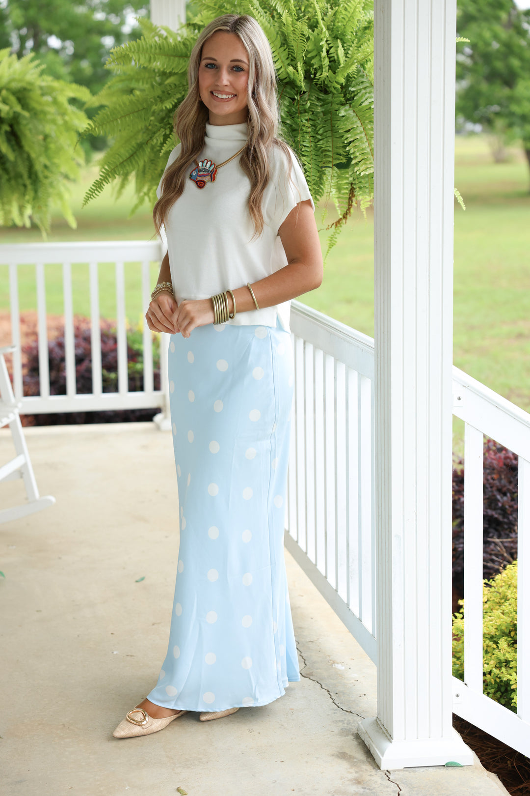 Polka Dot Satin Midi Skirt W/ Elastic Waist "Lt Blue/White"