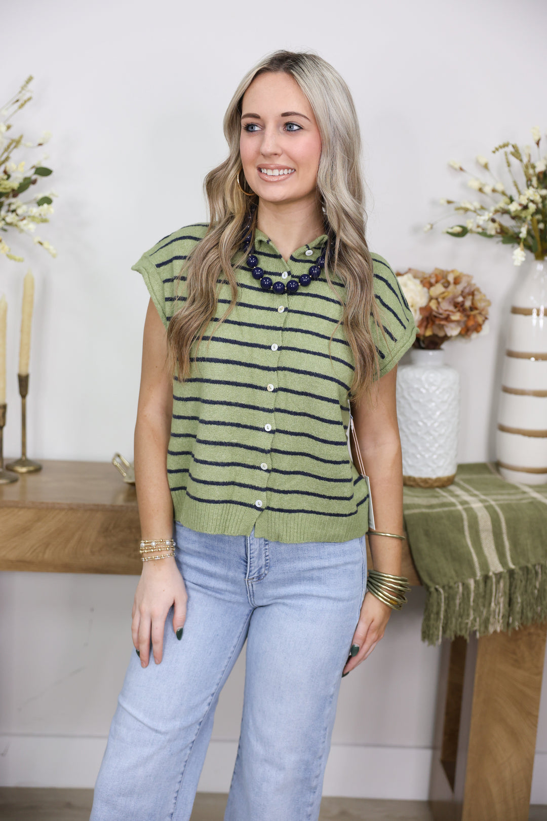 Striped Cap Sleeve Piper Vest "Matcha"