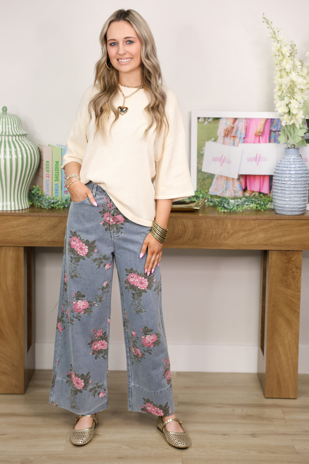Fun Floral Print Denim Pants "LT Blue"
