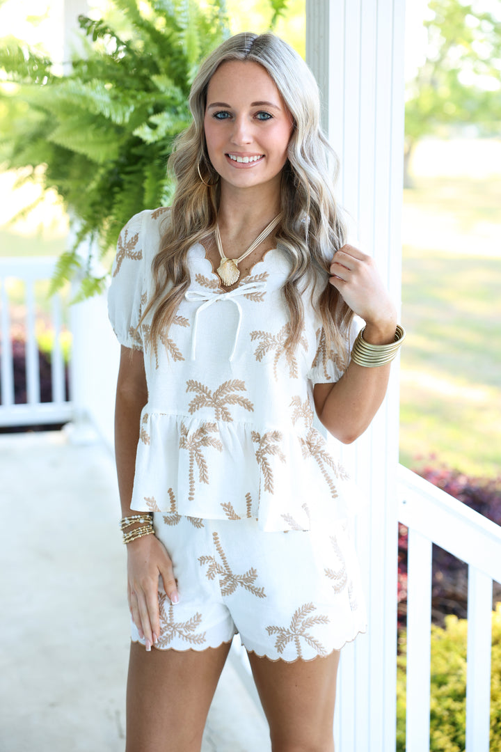 Sun-Kissed Palm Tree Embroidery Top & Shorts Set "Ivory"
