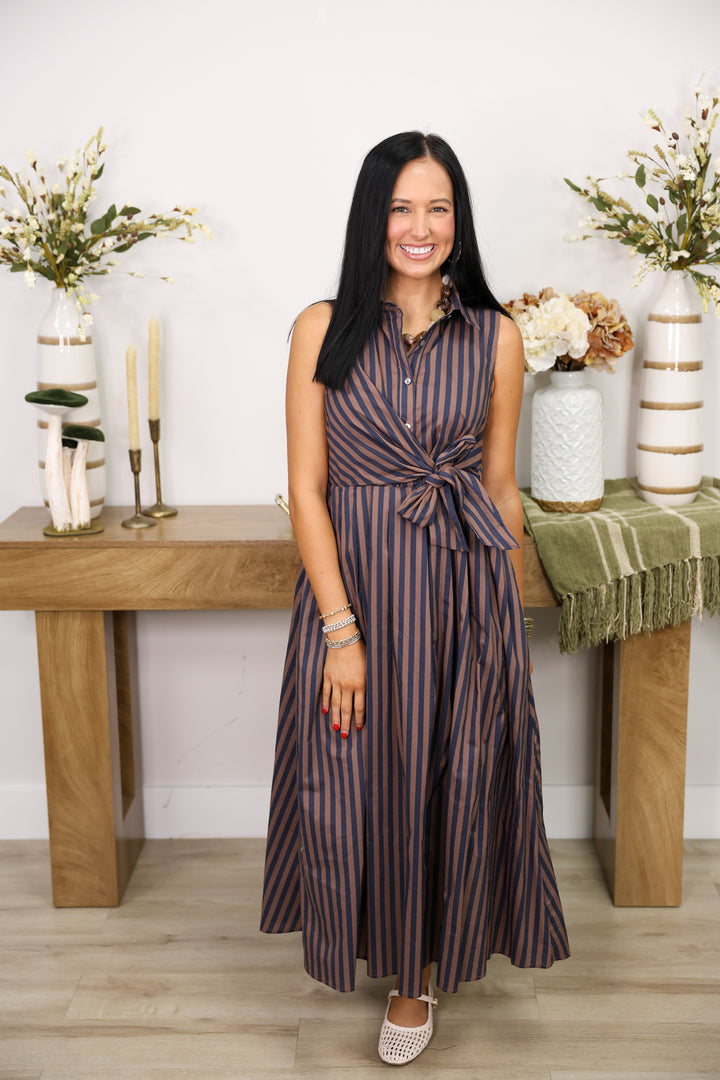 Sarah Striped Collared Sleeveless Midi Dress W/ Front Tie "Navy/Brown"