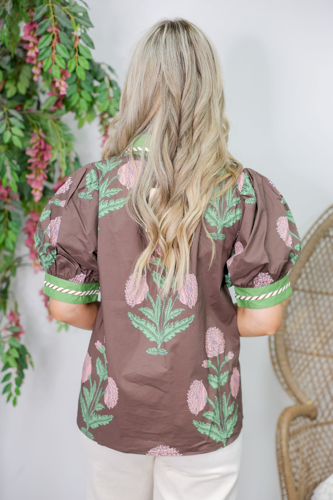 Floral Print Bubble Sleeve Top "Brown"